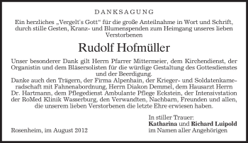 Todesanzeige von Rudolf Hofmüller von MERKUR & TZ