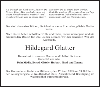 Todesanzeige von Hildegard Glatter von MERKUR & TZ