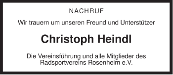 Todesanzeige von Christoph Heindl von MERKUR & TZ