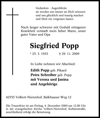 Todesanzeige von Siegfried Popp von MERKUR & TZ