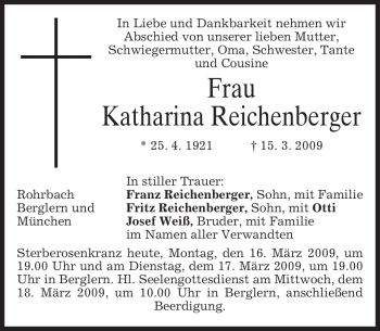 Todesanzeige von Katharina Reichenberger von MERKUR & TZ