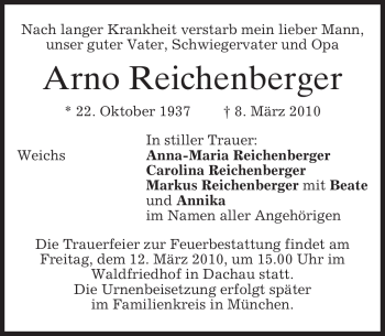 Todesanzeige von Arno Reichenberger von MERKUR & TZ