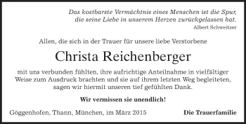 Todesanzeige von Christa Reichenberger von merkurtz