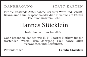 Todesanzeige von Hannes Stöcklein von MERKUR & TZ