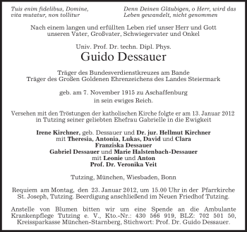 Todesanzeige von Guido Dessauer von MERKUR & TZ