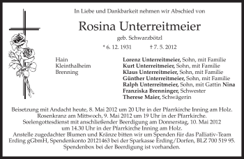 Todesanzeige von Rosina Unterreitmeier von MERKUR & TZ