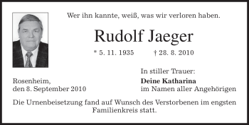 Todesanzeige von Rudolf Jaeger von MERKUR & TZ