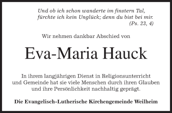 Todesanzeige von Eva-Maria Hauck von merkurtz