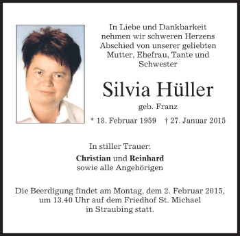 Todesanzeige von Silvia Hüller von merkurtz