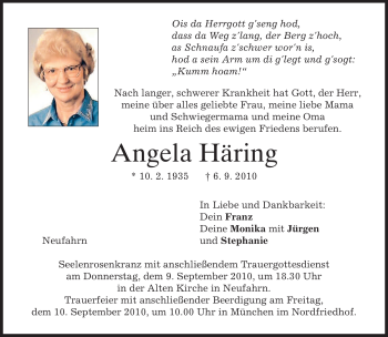 Todesanzeige von Angela Häring von MERKUR & TZ