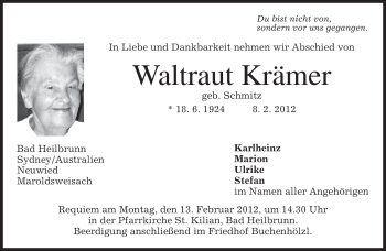 Todesanzeige von Waltraut Krämer von MERKUR & TZ
