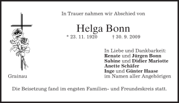 Todesanzeige von Helga Bonn von MERKUR & TZ