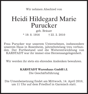 Todesanzeige von Heidi Hildegard Marie Purucker von MERKUR & TZ