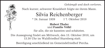 Todesanzeige von Silvia Reichenberger von MERKUR & TZ