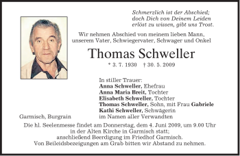 Todesanzeige von Thomas Schweller von MERKUR & TZ