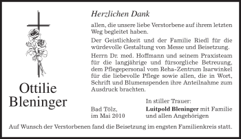 Todesanzeige von Ottilie Bleninger von MERKUR & TZ