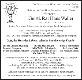 Todesanzeige von Hans Waller von merkurtz
