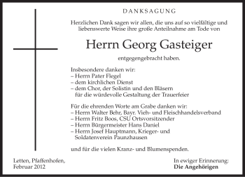 Todesanzeige von Georg Gasteiger von MERKUR & TZ