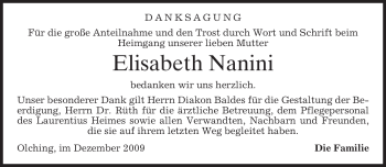 Todesanzeige von Elisabeth Nanini von MERKUR & TZ