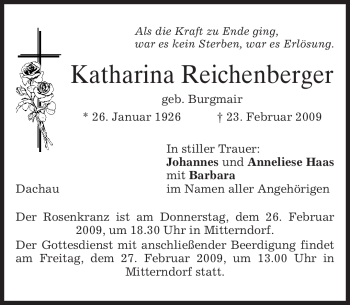 Todesanzeige von Katharina Reichenberger von MERKUR & TZ
