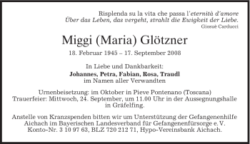 Todesanzeige von Miggi Glötzner von MERKUR & TZ