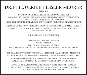 Todesanzeige von Ulrike Hessler-Meurer von MERKUR & TZ