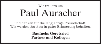 Todesanzeige von Paul Auracher von MERKUR & TZ