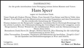 Todesanzeige von Hans Speer von merkurtz