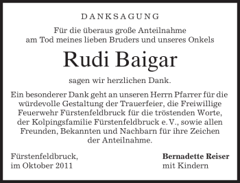 Todesanzeige von Rudi Baigar von MERKUR & TZ