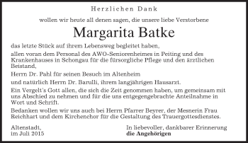 Todesanzeige von Margarita Batke von merkurtz