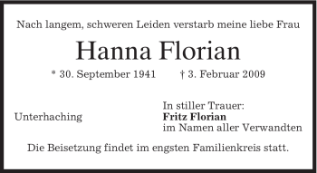Todesanzeige von Hanna Florian von MERKUR & TZ