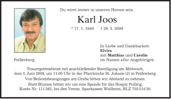 Todesanzeige von Karl Joos von MERKUR & TZ