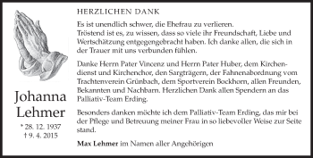 Todesanzeige von Johanna Lehmer von merkurtz