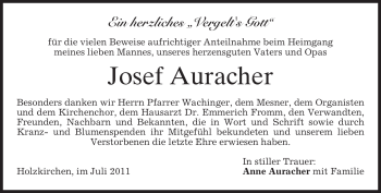 Todesanzeige von Josef Auracher von MERKUR & TZ