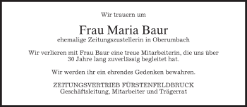 Todesanzeige von Maria Baur von merkurtz
