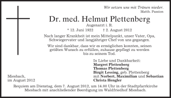 Todesanzeige von Helmut Plettenberg von MERKUR & TZ