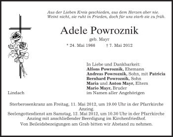 Todesanzeige von Adele Powroznik von MERKUR & TZ