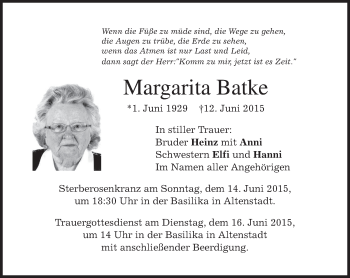 Todesanzeige von Margarita Batke von merkurtz