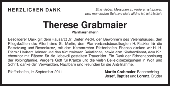 Todesanzeige von Therese Grabmaier von MERKUR & TZ