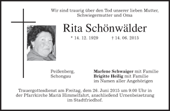 Todesanzeige von Rita Schönwälder von merkurtz