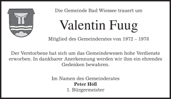 Todesanzeige von Valentin Fuug von MERKUR & TZ