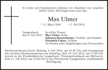 Todesanzeige von Max Ulmer von MERKUR & TZ