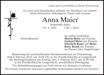 Todesanzeige von Anna Maier von MERKUR & TZ