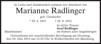 Todesanzeige von Mananne Radlinger von merkurtz