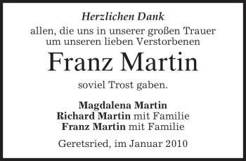 Todesanzeige von Franz Martin von MERKUR & TZ