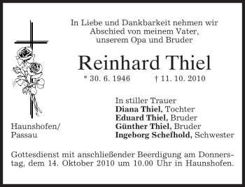 Todesanzeige von Reinhard Thiel von MERKUR & TZ