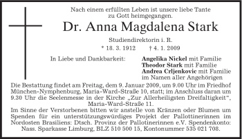 Todesanzeige von Anna Magdalena Stark von MERKUR & TZ