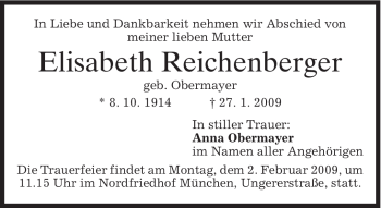 Todesanzeige von Elisabeth Reichenberger von MERKUR & TZ