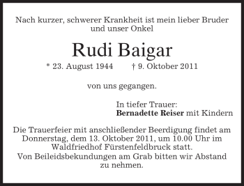 Todesanzeige von Rudi Baigar von MERKUR & TZ