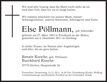 Todesanzeige von Else Pöllmann von MERKUR & TZ